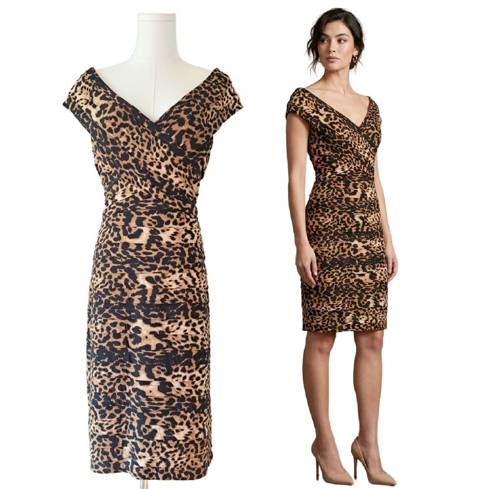 TADASHI SHOJI Leopard Print Pleated Sheath Dress Medium Portrait V Neck Cocktail